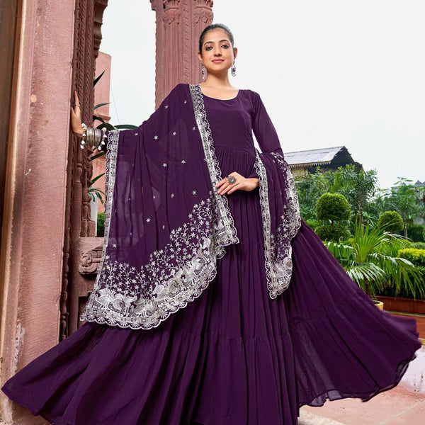 Prazu Fashion Wine Georgette With 3 Layer Huge Flair Gown With Dupatta