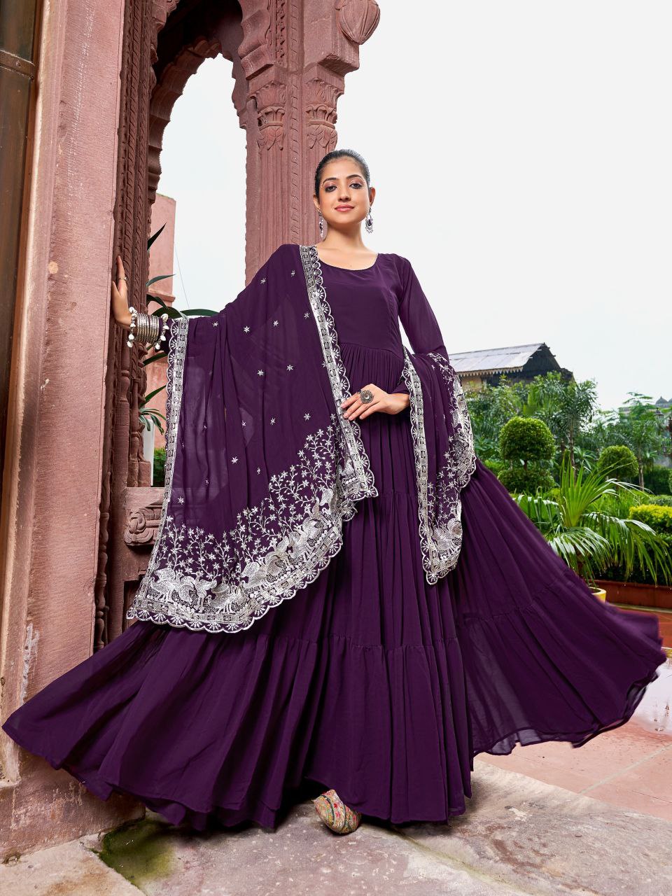 Prazu Fashion Wine Georgette With 3 Layer Huge Flair Gown With Dupatta - Distacart