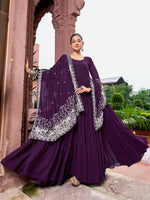 Thumbnail for Prazu Fashion Wine Georgette With 3 Layer Huge Flair Gown With Dupatta