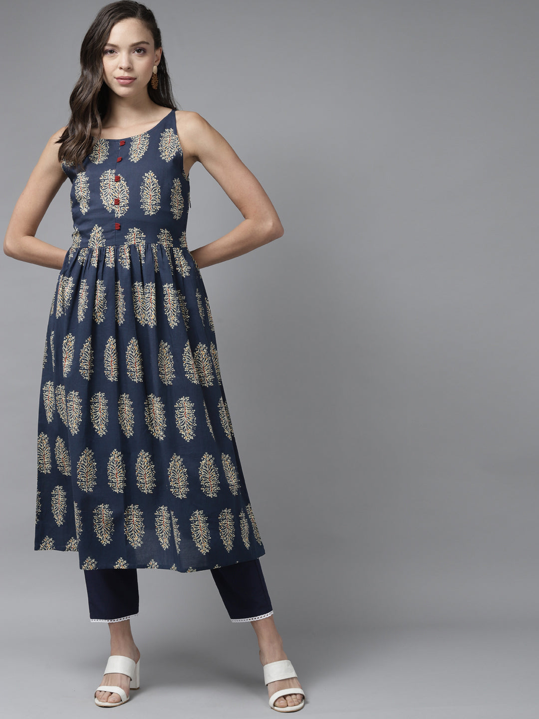 Indo Era Blue Floral Printed A-line Kurta - Distacart