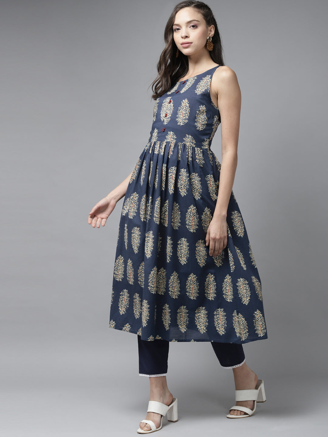 Indo Era Blue Floral Printed A-line Kurta - Distacart