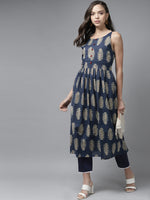 Thumbnail for Indo Era Blue Floral Printed A-line Kurta - Distacart