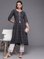 Thumbnail for Indo Era Navy Blue Foil Printed A-line Kurta - Distacart