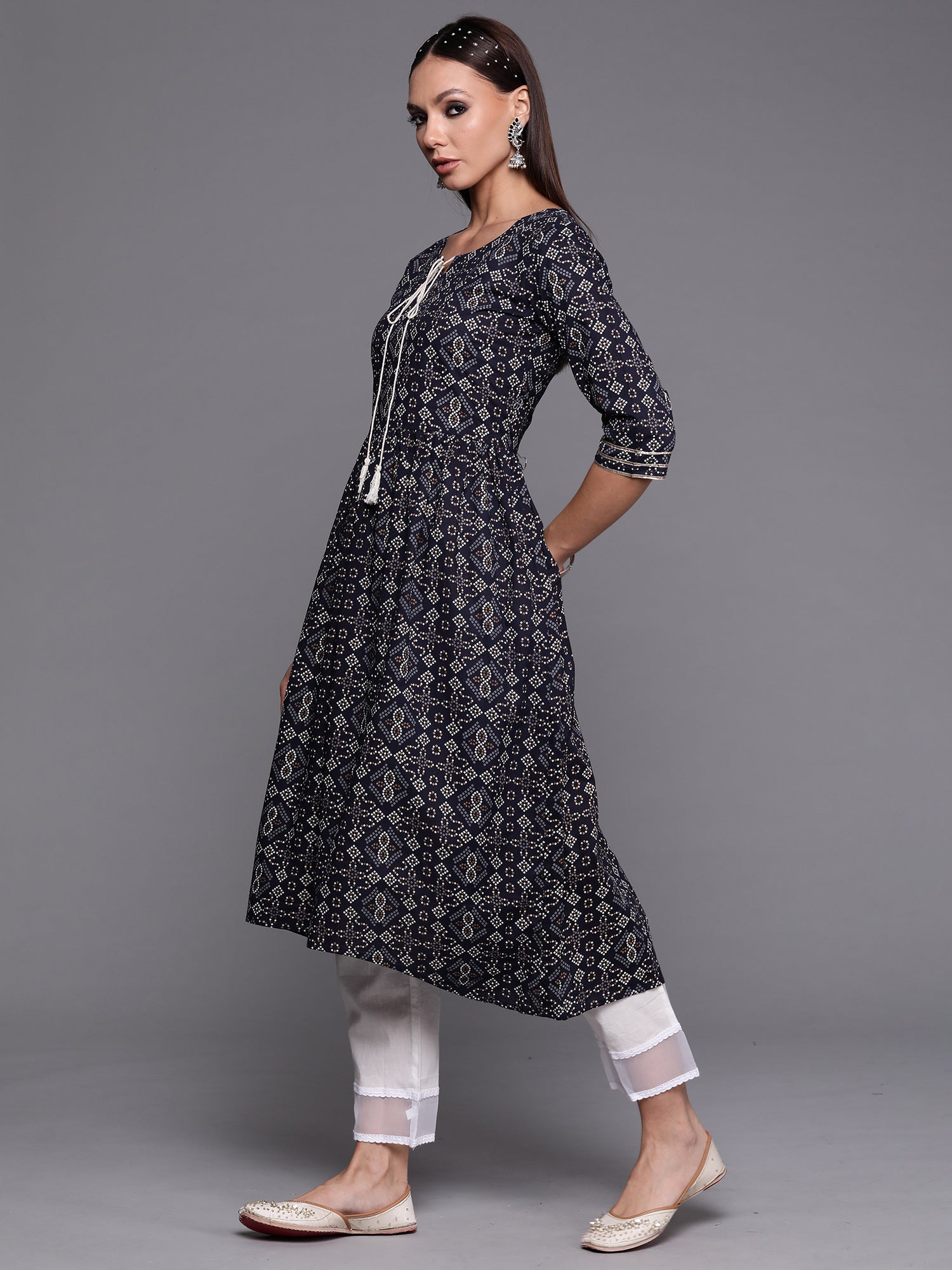 Indo Era Navy Blue Foil Printed A-line Kurta - Distacart
