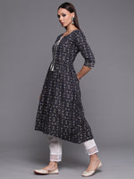 Thumbnail for Indo Era Navy Blue Foil Printed A-line Kurta - Distacart
