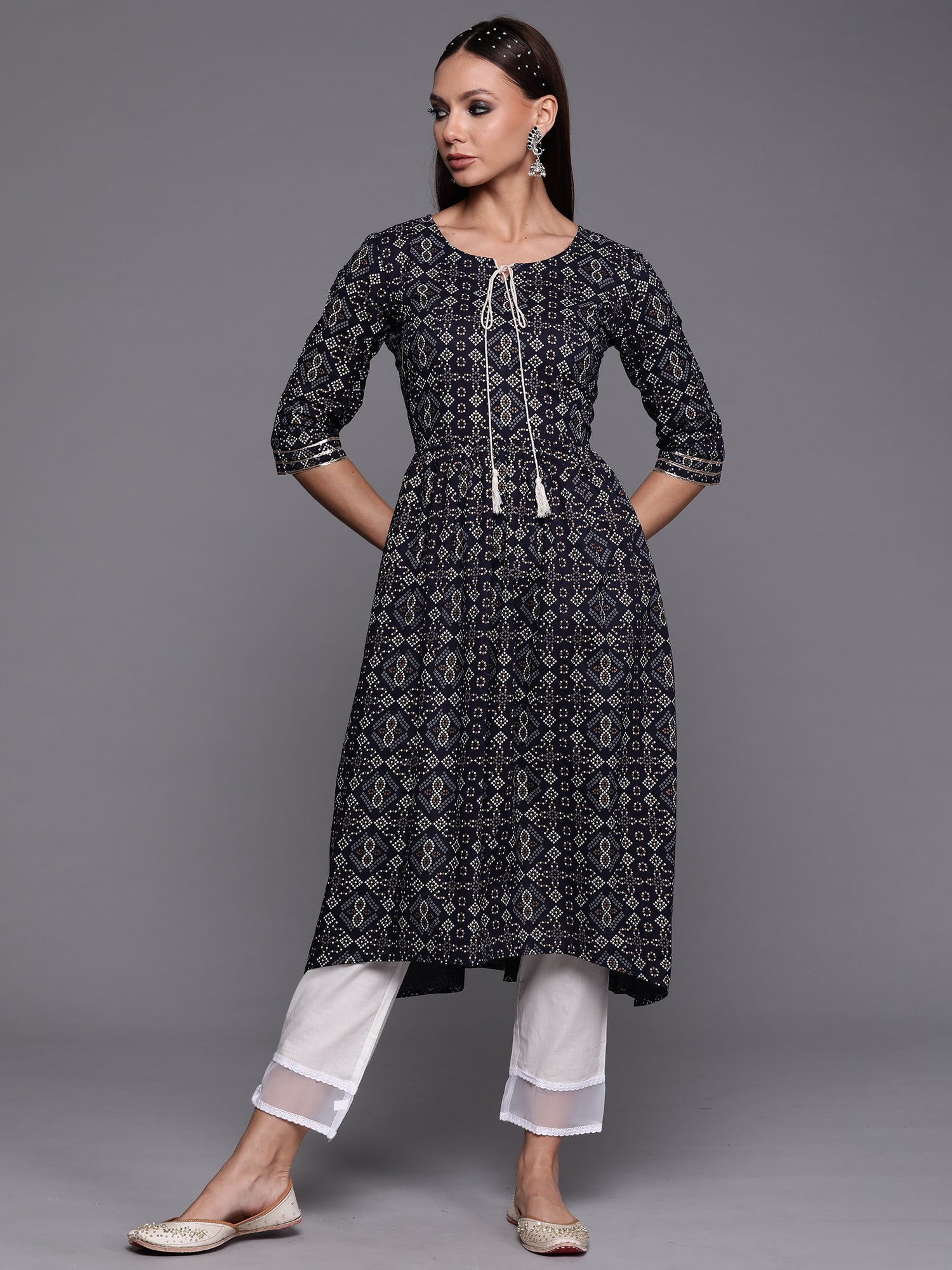 Indo Era Navy Blue Foil Printed A-line Kurta - Distacart