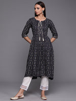 Thumbnail for Indo Era Navy Blue Foil Printed A-line Kurta - Distacart