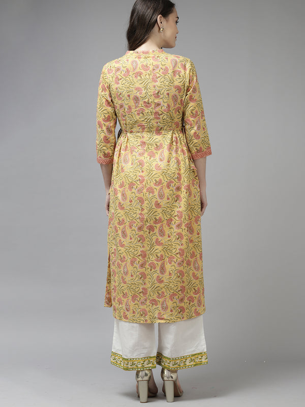 Indo Era Yellow Floral Printed A-line Kurta - Distacart
