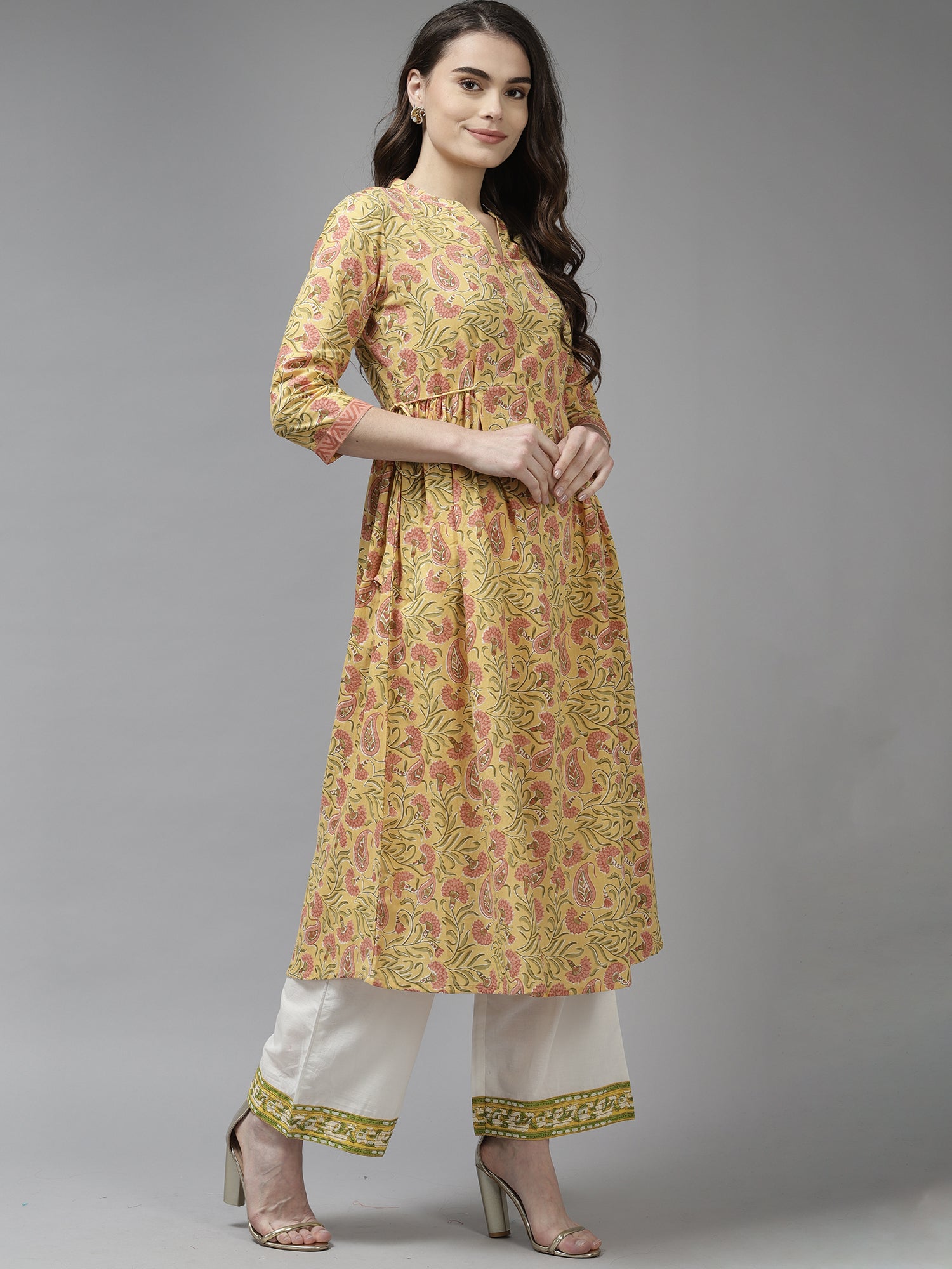 Indo Era Yellow Floral Printed A-line Kurta - Distacart