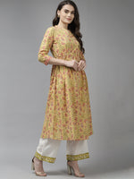 Thumbnail for Indo Era Yellow Floral Printed A-line Kurta - Distacart