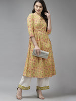Thumbnail for Indo Era Yellow Floral Printed A-line Kurta - Distacart