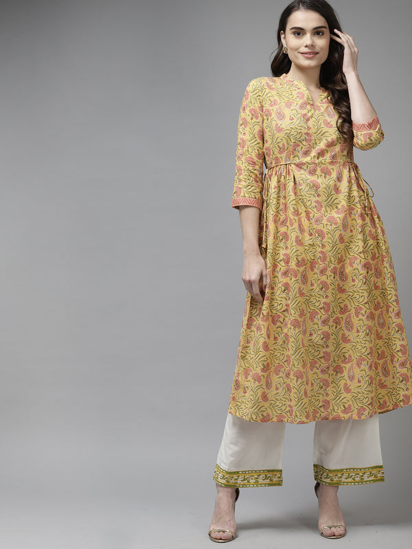 Indo Era Yellow Floral Printed A-line Kurta - Distacart