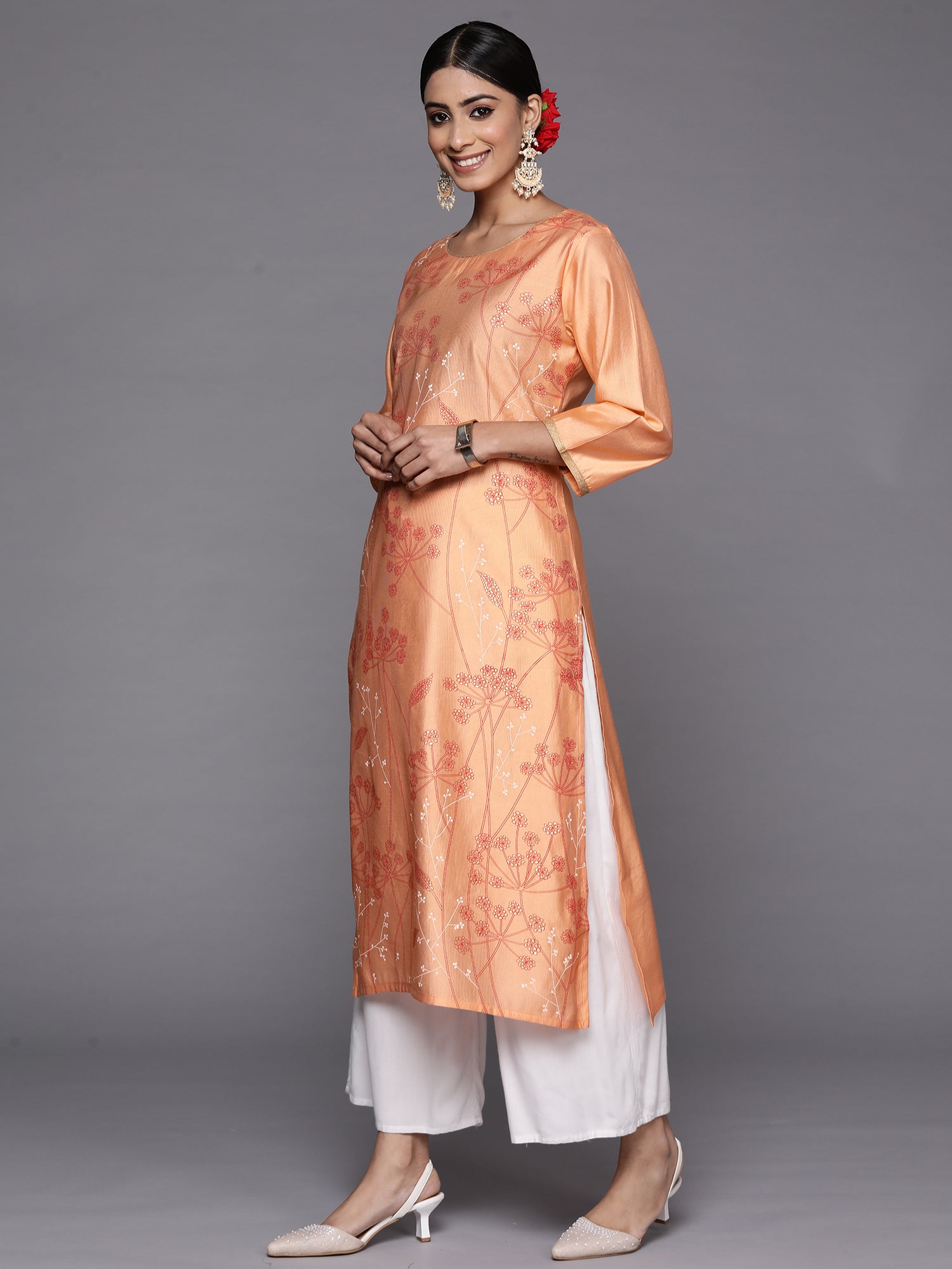 Indo Era Peach Printed Straight Kurta - Distacart