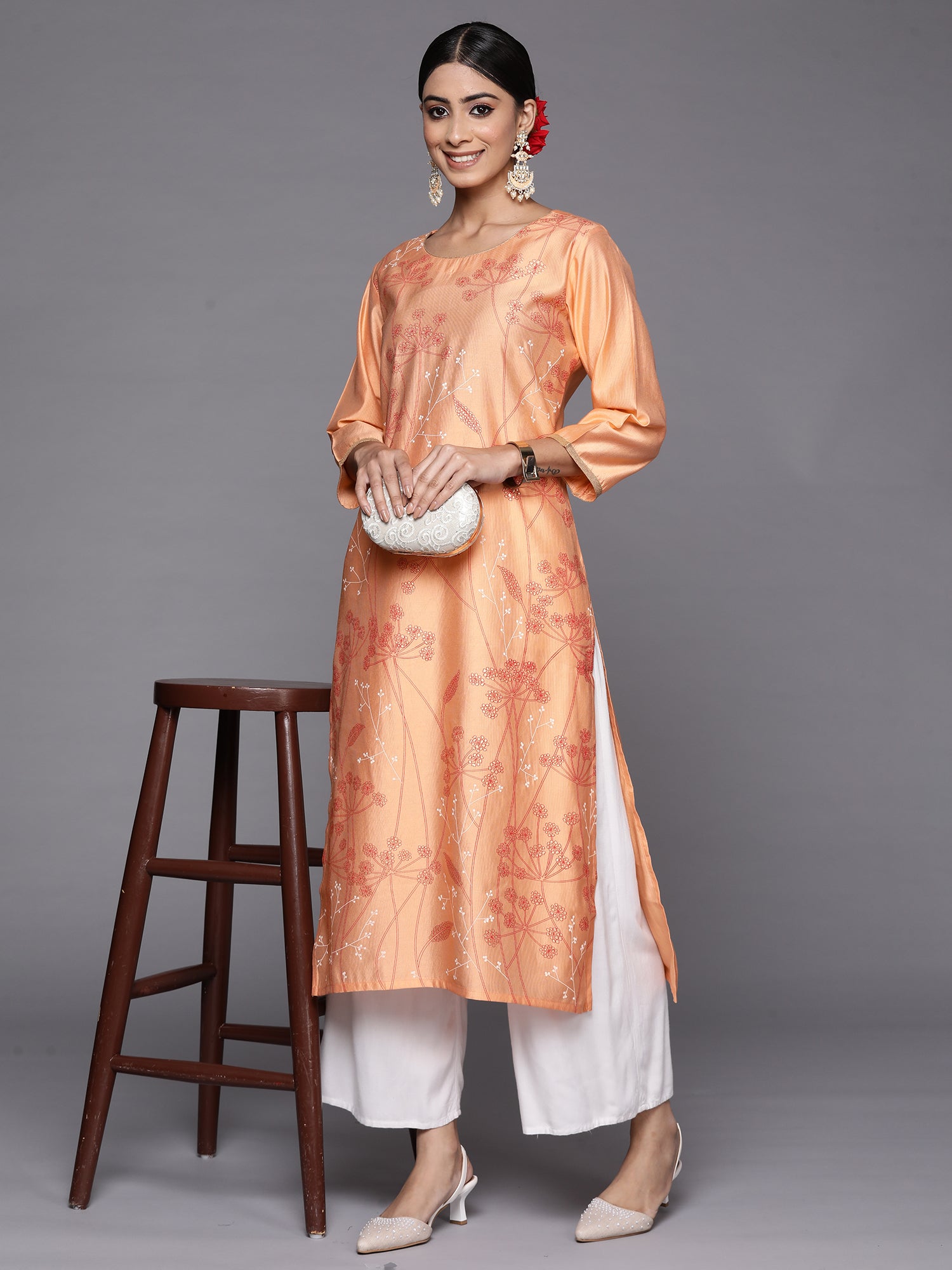 Indo Era Peach Printed Straight Kurta - Distacart