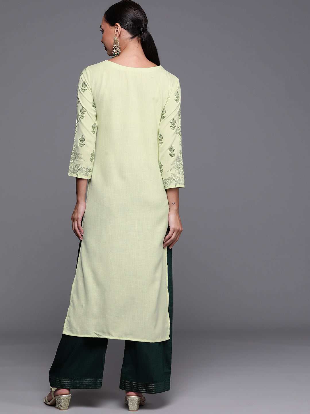 Indo Era Green Foil Printed Straight Kurta - Distacart
