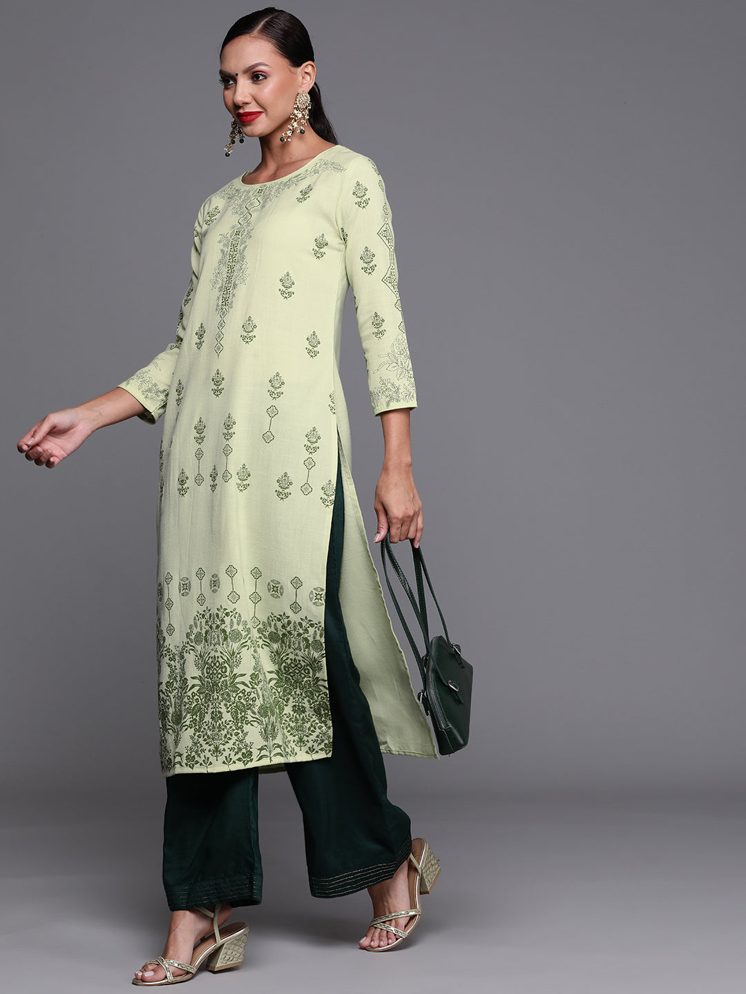 Indo Era Green Foil Printed Straight Kurta - Distacart