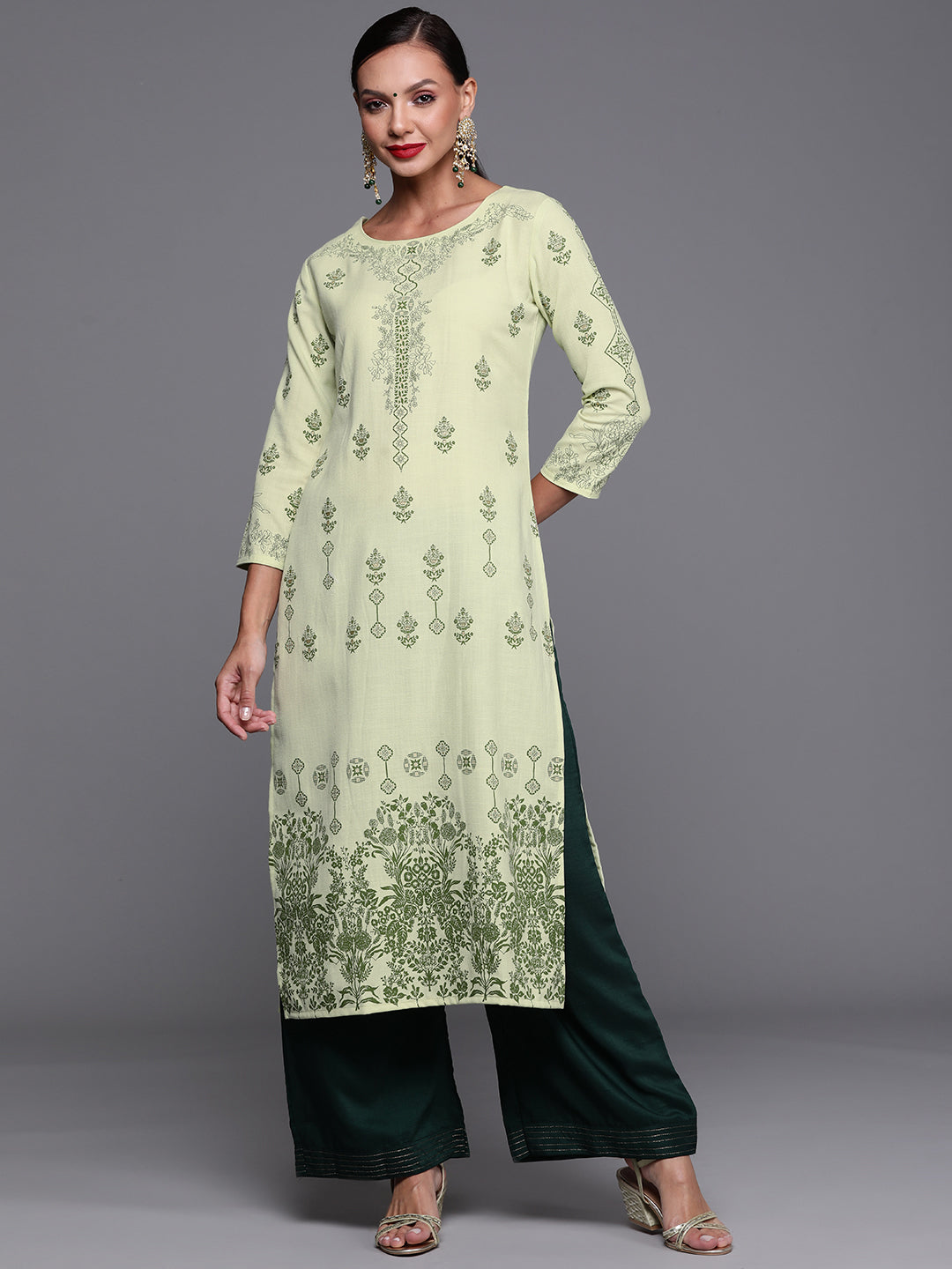Indo Era Green Foil Printed Straight Kurta - Distacart