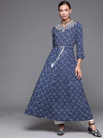 Thumbnail for Indo Era Navy Blue Embroidered A-line Kurta - Distacart