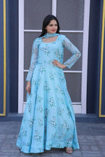 Thumbnail for Aastha Fashion Women's Turquoise Tebby Silk Floral Printed Anarkali Dress with Dupatta - Distacart