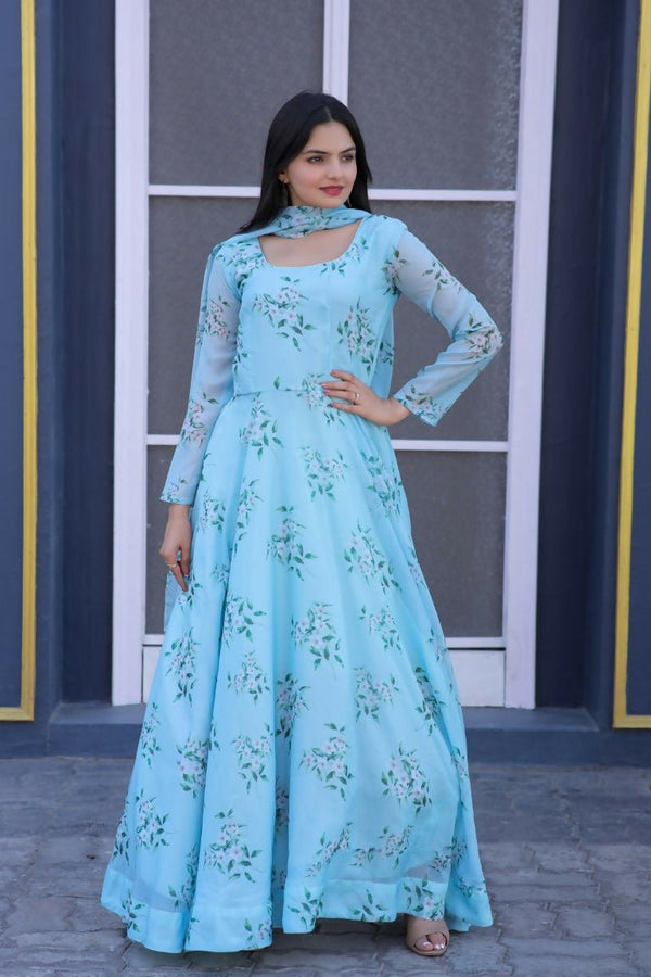 Aastha Fashion Women's Turquoise Tebby Silk Floral Printed Anarkali Dress with Dupatta - Distacart