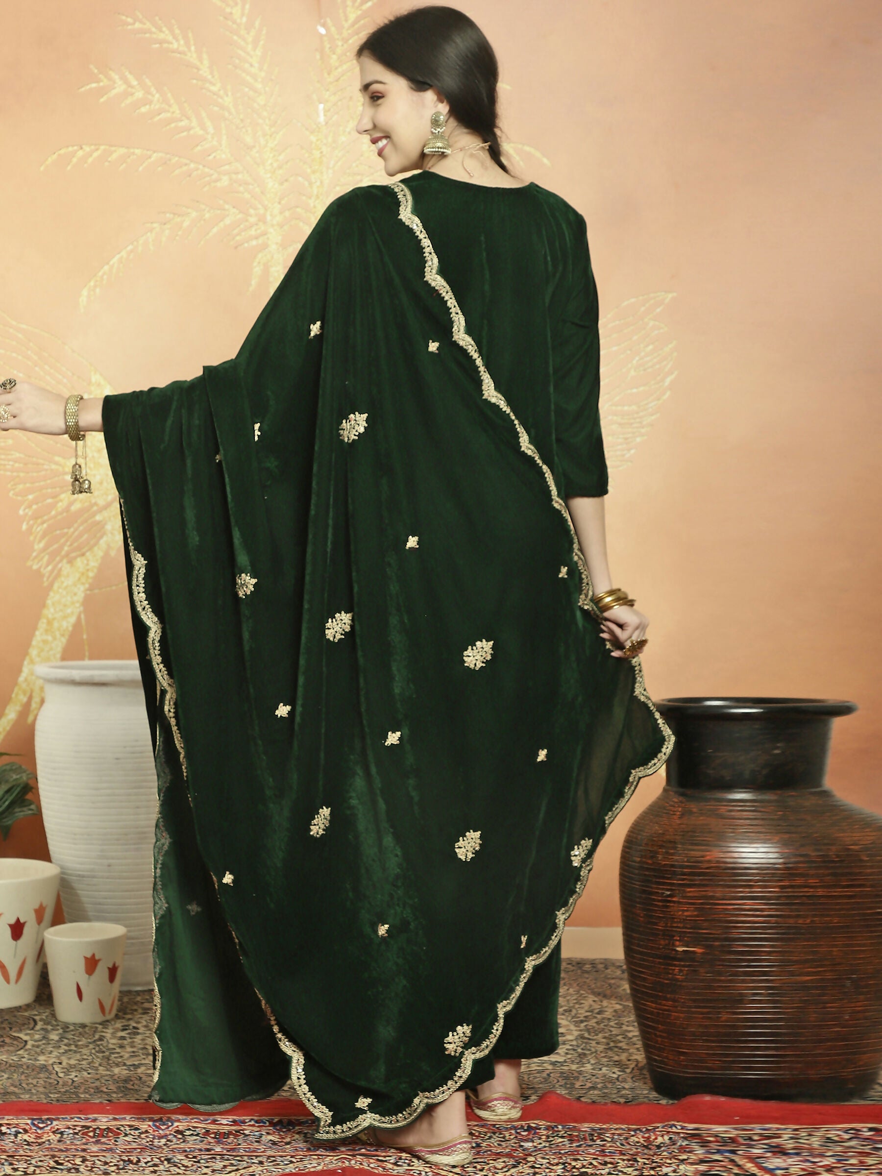 Jyoti Fashion Women's Green Velvet Cording with Resham Thread & Sequin Kurta with Trouser & Dupatta - Distacart