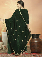 Thumbnail for Jyoti Fashion Women's Green Velvet Cording with Resham Thread & Sequin Kurta with Trouser & Dupatta - Distacart