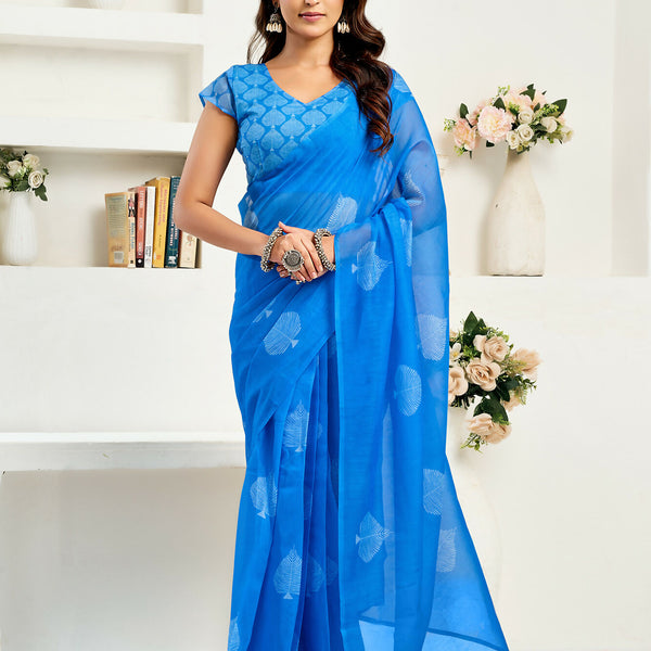 Vastranavya Blue Digital Printed Linen Ready To Wear Designer Saree with Unstitched Blouse - Distacart