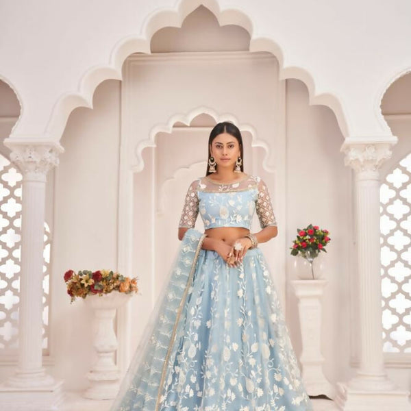 Aastha Fashion Light Sky Butterfly Net White Cotton Thread Work, Zari Work And Sandwich Sequence Work Embroidery Wedding Wear Lehenga Choli - Distacart