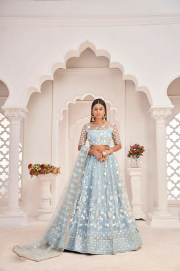 Aastha Fashion Light Sky Butterfly Net White Cotton Thread Work, Zari Work And Sandwich Sequence Work Embroidery Wedding Wear Lehenga Choli - Distacart