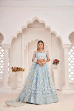 Thumbnail for Aastha Fashion Light Sky Butterfly Net White Cotton Thread Work, Zari Work And Sandwich Sequence Work Embroidery Wedding Wear Lehenga Choli - Distacart
