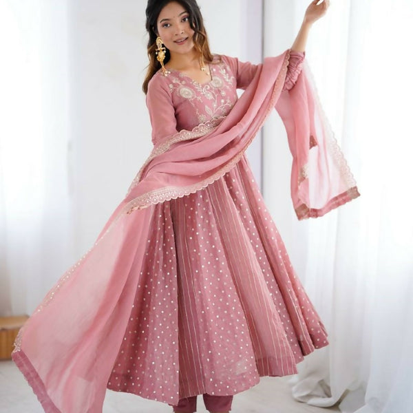 Teeya Creation Baby Pink Color Heavy Crunchy Silk Embroidery Work Gown - Distacart