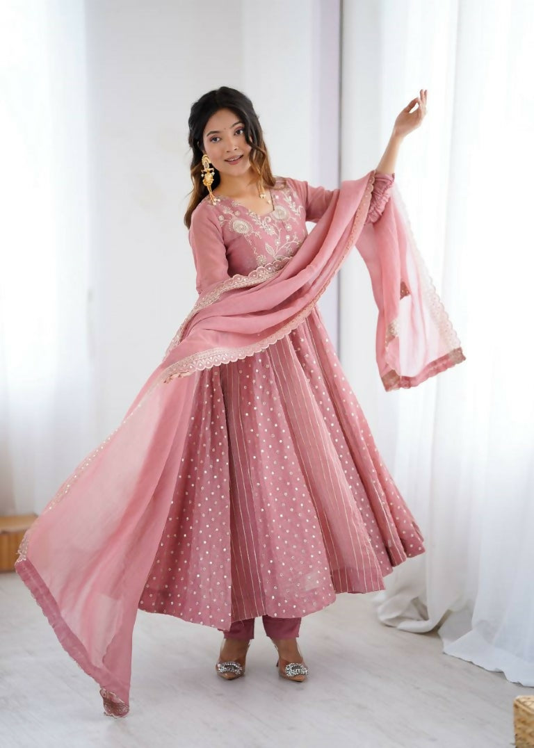 Teeya Creation Baby Pink Color Heavy Crunchy Silk Embroidery Work Gown