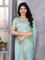 Thumbnail for Vastranavya Sky Blue Embroidery Work Shimmer Chiffon Saree with Unstitched Blouse