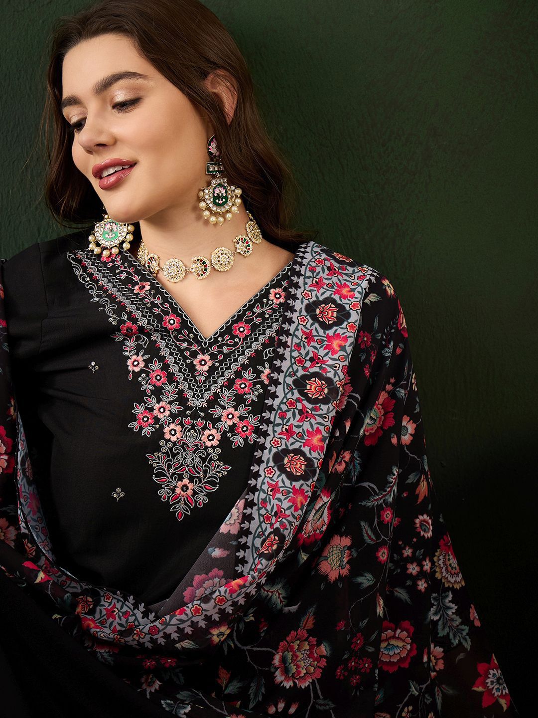 Sangria Floral Embroidered Sequinned Kurta with Trousers & Dupatta - Distacart