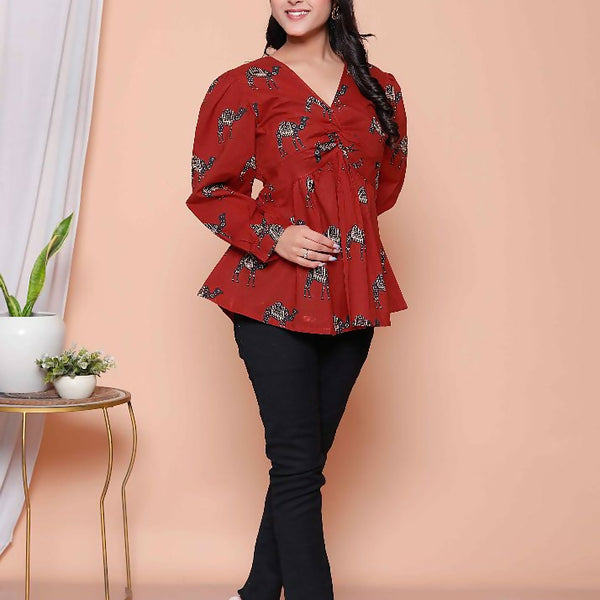 Miravan Womens Brown Animal Printed Balloon Sleeves V Neck Butterfly Top - Distacart