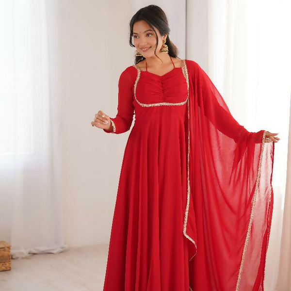 Teeya Creation Red Faux Georgette Designer Party Wear Long Gown - Distacart