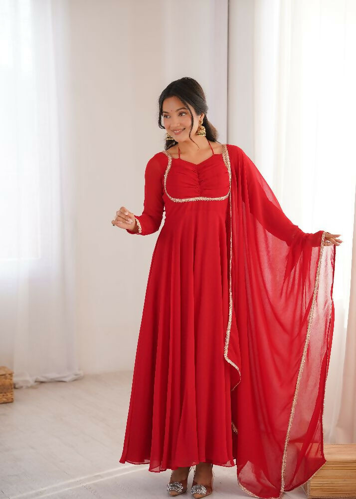 Teeya Creation Red Faux Georgette Designer Party Wear Long Gown - Distacart