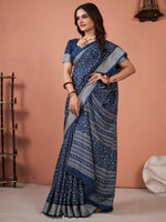 Thumbnail for NOZ2TOZ Women's Dola Silk Navy Blue Printed Designer Saree With Blouse Piece - Distacart