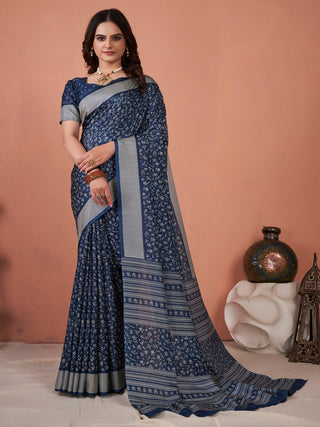 NOZ2TOZ Women's Dola Silk Navy Blue Printed Designer Saree With Blouse Piece - Distacart