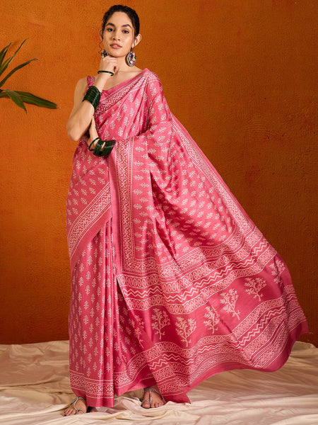 NOZ2TOZ Women's Cotton Blend Pink Printed Designer Saree With Blouse Piece - Distacart