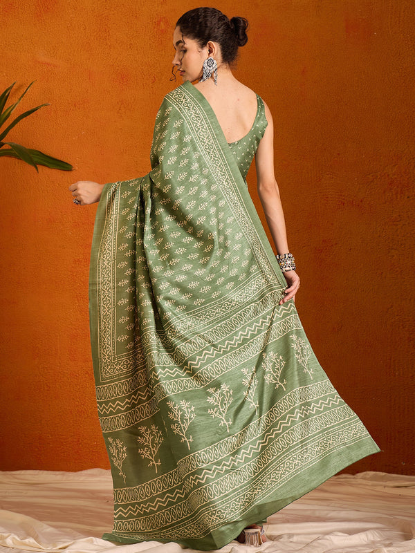 NOZ2TOZ Women's Cotton Blend Olive Printed Designer Saree With Blouse Piece - Distacart