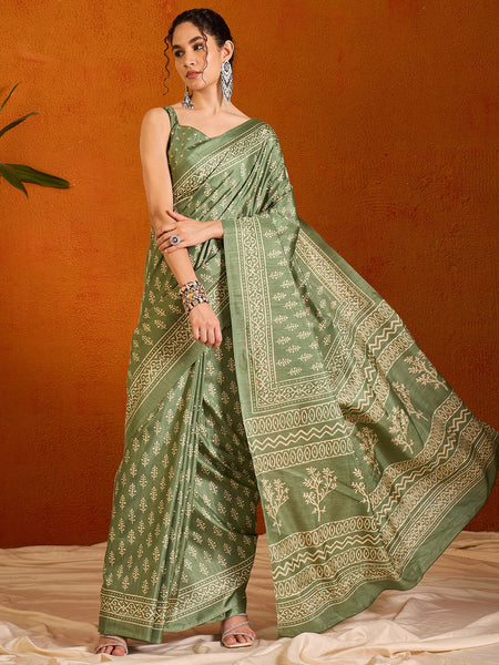 NOZ2TOZ Women's Cotton Blend Olive Printed Designer Saree With Blouse Piece - Distacart