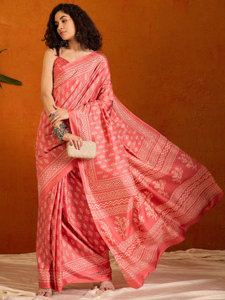 NOZ2TOZ Women's Cotton Blend Pink Printed Designer Saree With Blouse Piece - Distacart