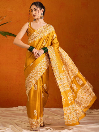 NOZ2TOZ Women's Cotton Blend Yellow Printed Designer Saree With Blouse Piece - Distacart