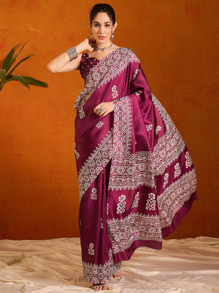 NOZ2TOZ Women's Cotton Blend Magenta Printed Designer Saree With Blouse Piece - Distacart
