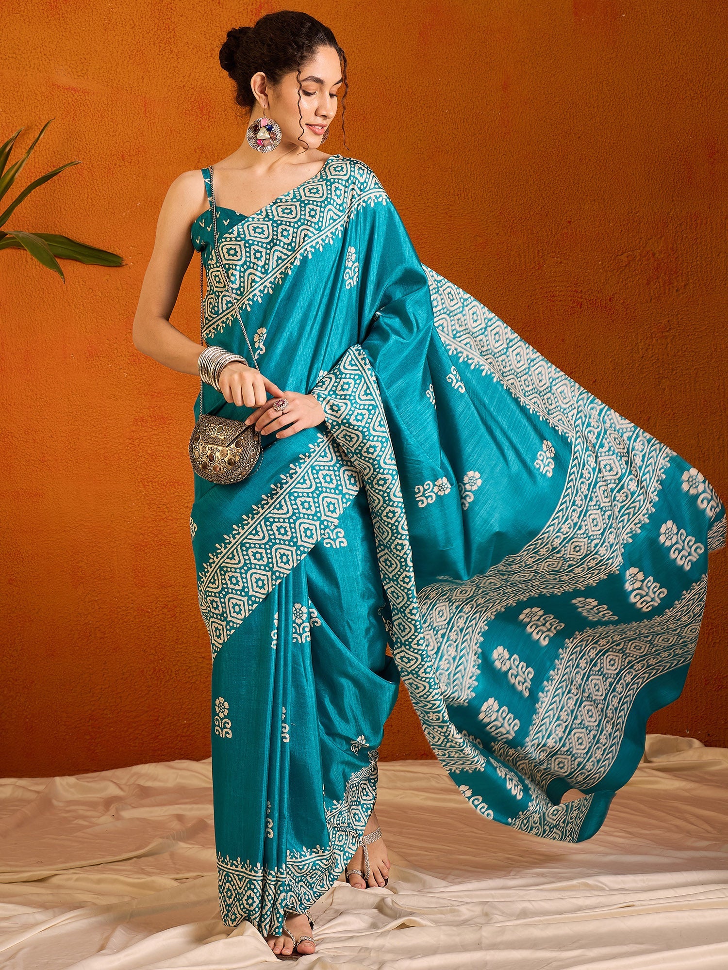 NOZ2TOZ Women's Cotton Blend Light Blue Printed Designer Saree With Blouse Piece - Distacart