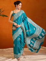 Thumbnail for NOZ2TOZ Women's Cotton Blend Light Blue Printed Designer Saree With Blouse Piece - Distacart