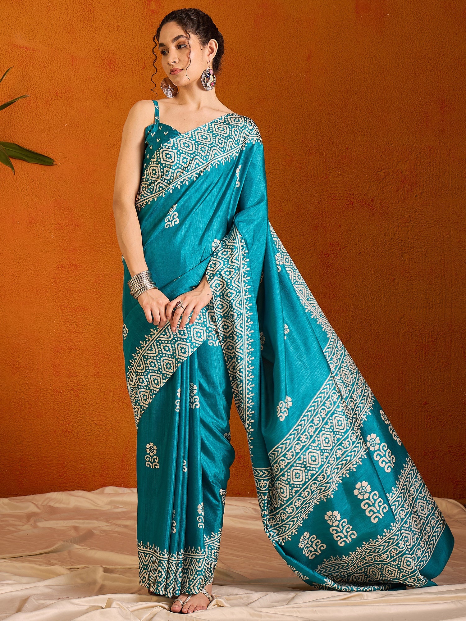NOZ2TOZ Women's Cotton Blend Light Blue Printed Designer Saree With Blouse Piece - Distacart