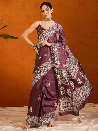 NOZ2TOZ Women's Cotton Blend Burgundy Printed Designer Saree With Blouse Piece - Distacart