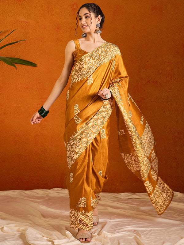 NOZ2TOZ Women's Cotton Blend Mustard Printed Designer Saree With Blouse Piece - Distacart